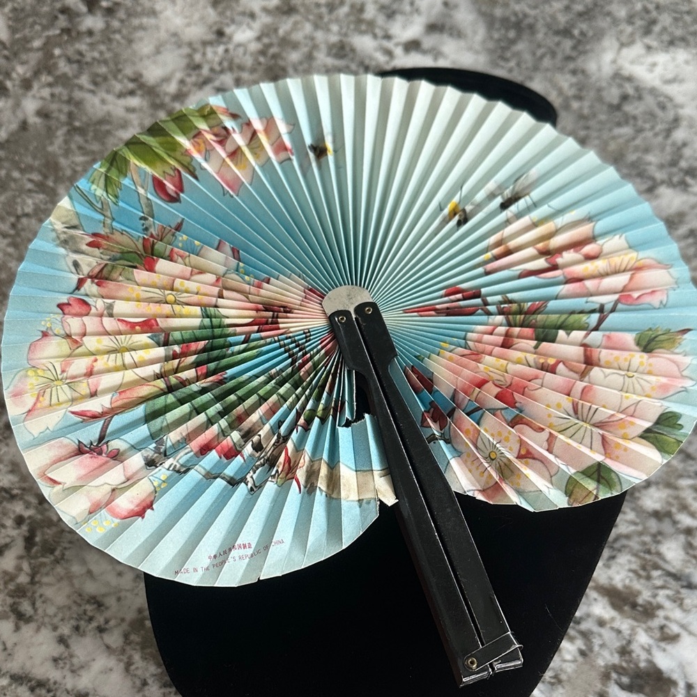 Vintage Floral Folding Hand Fan in Light Blue